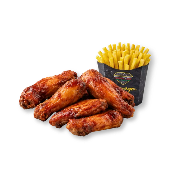 BBQ Wings: 6 pcs BBQ chicken wings, ~5 oz premium fries