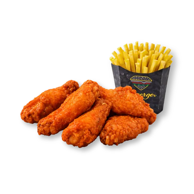 Buffalo Wings: 6 pcs buffalo chicken wings, ~5 oz premium fries