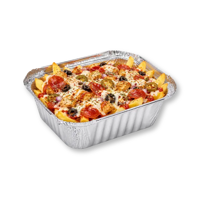 Chicken Pizza Fries: ~7 oz premium potato fries, chicken patty chunks, chicken pepperoni, mozzarella cheese, jalapenos, black olives, diced onions, pizza sauce, oregano, chilli flakes, parsley