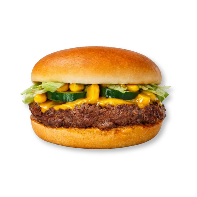 Corn-o-Bust: 3.5-inch soft bun, iceberg, sweet corns, cucumbers, mustard sauce, orange sauce