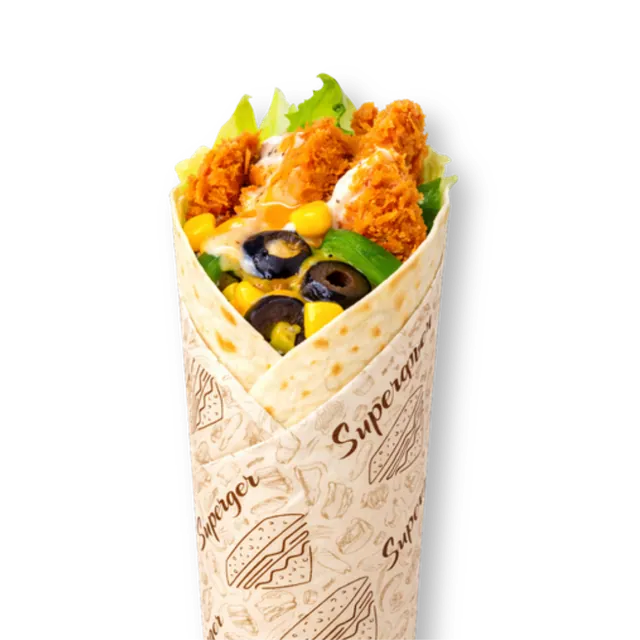 Corn-o-Live Wrap: 10-inch tortilla bread, 3 crispy chicken tender strips (~4.5 oz), iceberg, sweet corns, olives, capsicum, orange sauce, white sauce, mayonnaise