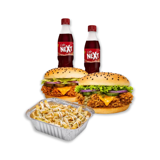 Crispy Fun: 2 Super Premium Crispy Burgers + Loaded Fries + 2 Drinks