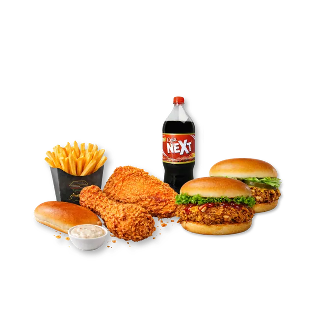 Crispy Plus: 1 Super Broast Quarter (2 pcs) + 2 Super Value Crispy Burgers + ~5 oz Premium Fries + 1 Bun + 1 Garlic Sauce + 1L Drink