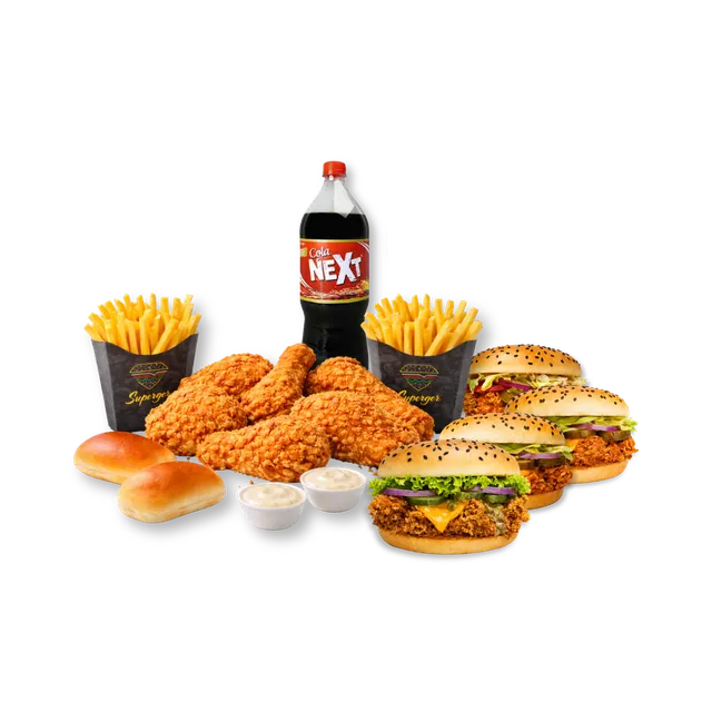 Crispy Treat: 1 Super Broast Twin Box (5 pcs) + 4 Super Premium Crispy Burgers + ~10 oz Premium Fries + 2 Buns + 2 Garlic Sauces + 1L Drink