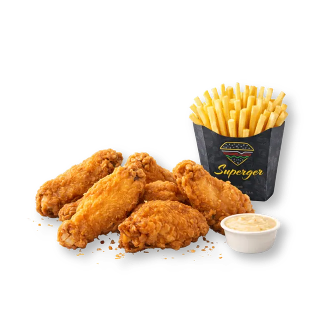 Crispy Wings: 6 pcs crispy chicken wings, ~5 oz premium fries, sauce