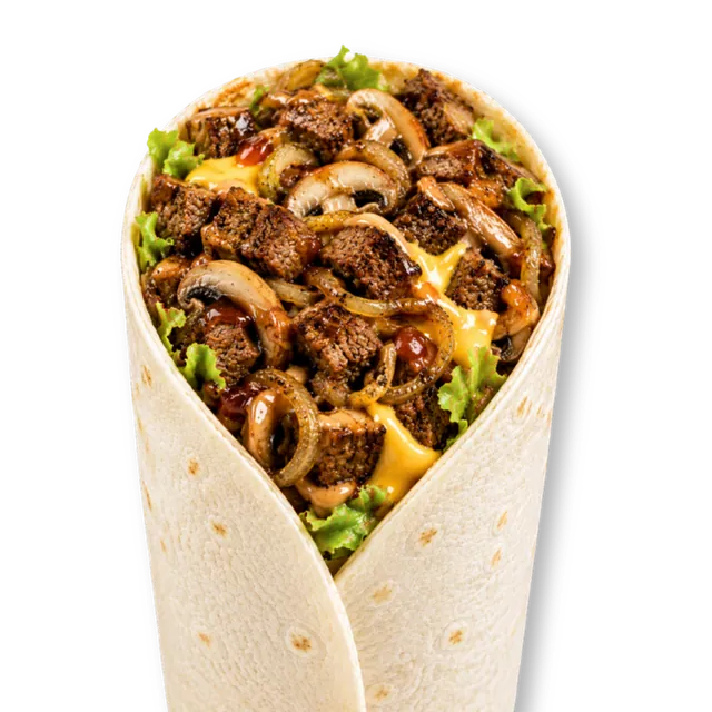 Earthy Beef Wrap: 10-inch tortilla bread, signature beef patty (~4.5 oz), cheese slice, mushrooms, lettuce, caramelized onions, BBQ sauce