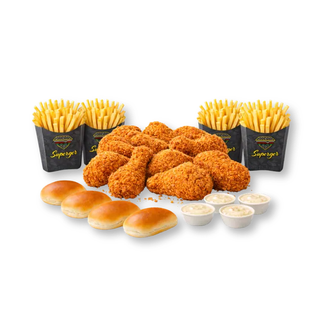 Family Box (9 pcs): 9 pcs crispy fried chicken, ~20 oz premium fries, 4 buns, 4 sauces