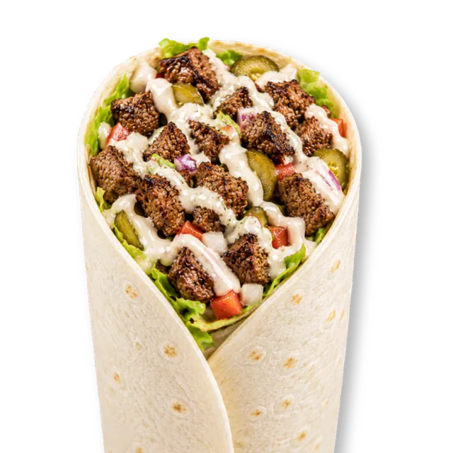 Garlic Beef Wrap: 10-inch tortilla bread, signature beef patty (~4.5 oz), lettuce, pickled cucumbers, garlic sauce, white sauce