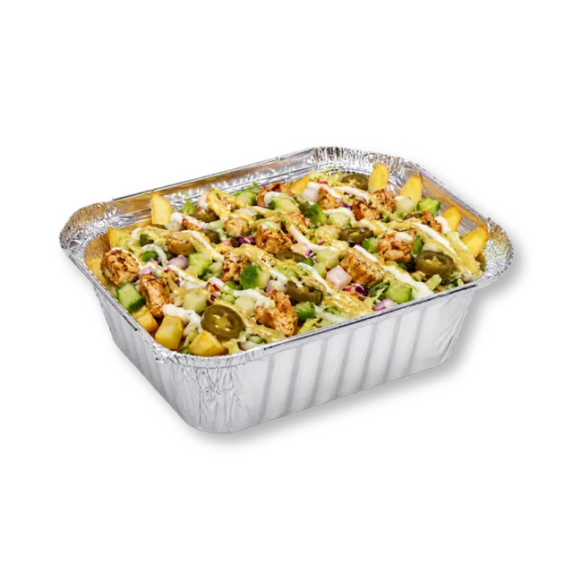 Heavenly-Herby Fries: ~7 oz premium potato fries, chicken chunks, iceberg, cabbage, jalapenos, diced cucumbers, diced capsicum, diced onions, green sauce, mayo-mustard sauce