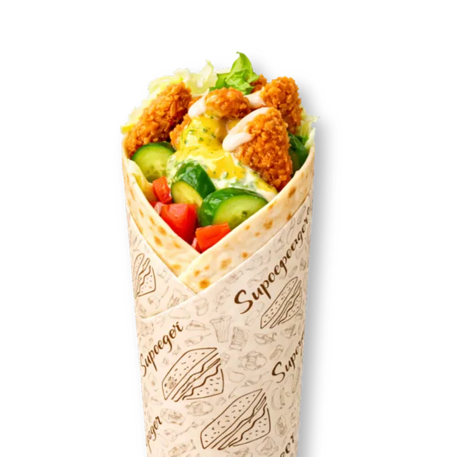 Herb-o-Bust Wrap: 10-inch tortilla bread, 3 crispy chicken tender strips (~4.5 oz), cabbage, tomatoes, cucumbers, capsicum, green sauce, mustard sauce, mayonnaise, white sauce