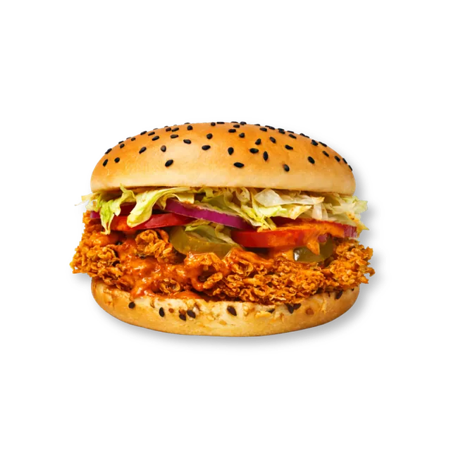 Hot Piquant (Spicy): 4.5-inch soft bun, cheese slice, iceberg, pickled jalapenos, tomatoes, onions, red sauce, orange sauce