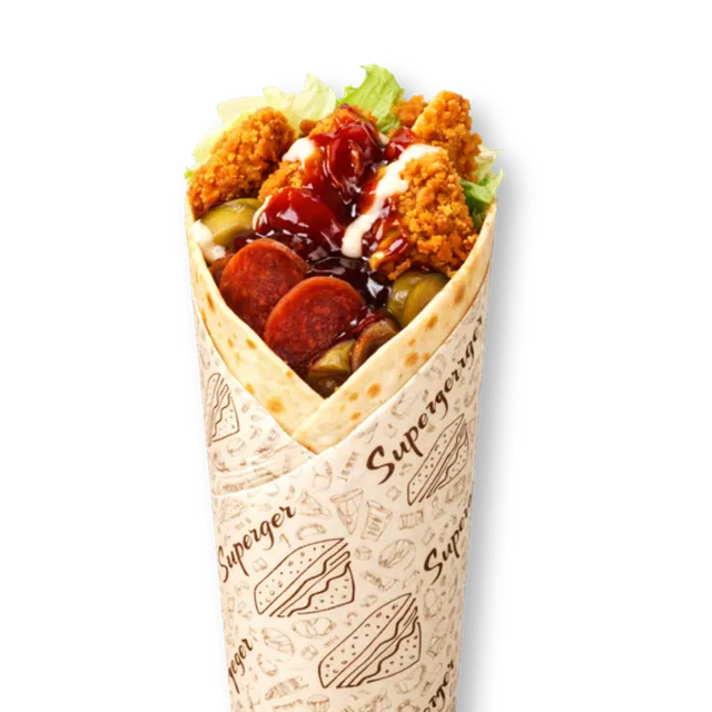 Peppo Wrap: 10-inch tortilla bread, 3 crispy chicken tender strips (~4.5 oz), chicken pepperoni, iceberg, caramelized onions, pickled cucumbers, BBQ sauce, ketchup, white sauce, mayonnaise