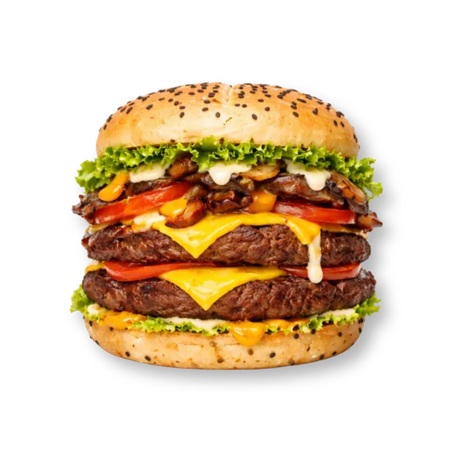 PeppoFungi Beef: 4.5-inch soft bun, 2 beef patties (~9 oz), 2 cheese slices, beef pepperoni, lettuce, caramelized onion, tomatoes, mushrooms, orange sauce, mustard sauce, white sauce