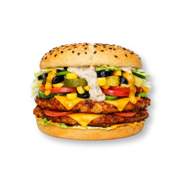 PinaCorn Grilled: 4.5-inch soft bun, 2 grilled chicken fillets (~9 oz), 2 cheese slices, cabbage, pineapple chunks, sweet corns, olives, pickled cucumbers, capsicum, tomatoes, honey mustard, white sauce
