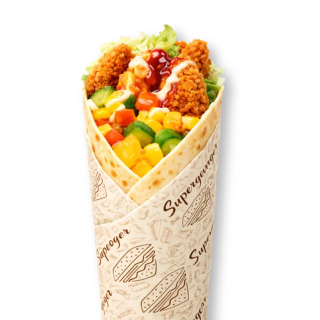 PinaCorn Wrap: 10-inch tortilla bread, 3 crispy chicken tender strips (~4.5 oz), cabbage, pineapple, sweet corns, tomatoes, cucumbers, mustard sauce, red sauce, white sauce, mayonnaise