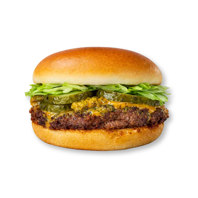 Prime Piquant (Spicy): 3.5-inch soft bun, iceberg, pickled cucumbers, red sauce, orange sauce