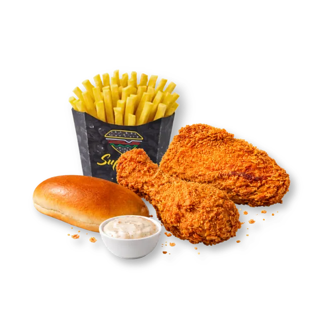 Quarter Leg (2 pcs): 2 pcs crispy fried chicken (leg, thigh), ~5 oz premium fries, bun, sauce
