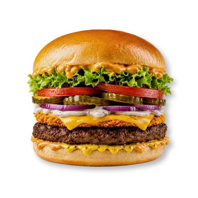 Rustic Luscious Mutton: 4.5-inch soft bun, signature mutton patty (~4.5 oz), crispy cheese patty, cheese slice, lettuce, pickled cucumbers, onions, tomatoes, honey mustard, white sauce, orange sauce