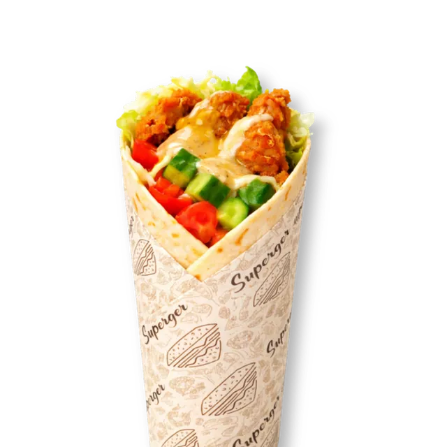 Rustic Wrap: 10-inch tortilla bread, 3 crispy chicken tender strips (~4.5 oz), cabbage, tomatoes, cucumbers, honey mustard, white sauce, mayonnaise