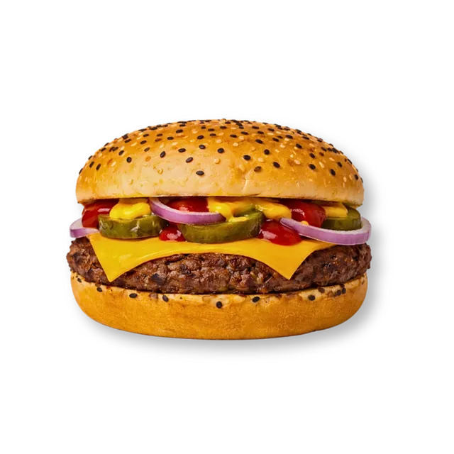 Single-Cheeser Beef: 4.5-inch soft bun, 1 signature beef patty (~4.5 oz), 1 cheese slice, pickled cucumbers, onions, mustard sauce, ketchup