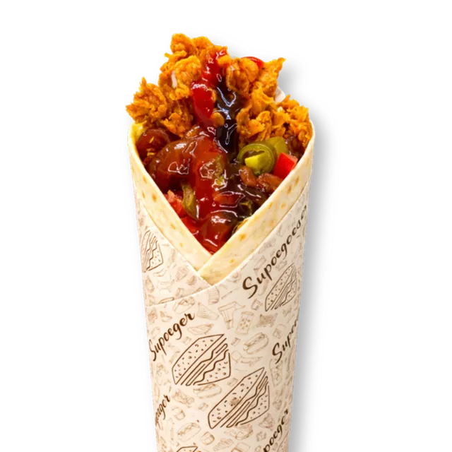 Smokey Wrap: 10-inch tortilla bread, 3 crispy chicken tender strips (~4.5 oz), caramelized onions, tomatoes, jalapenos, BBQ sauce, ketchup
