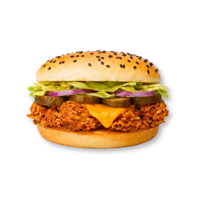 Sour Robust: 4.5-inch soft bun, cheese slice, iceberg, pickled cucumbers, onions, mustard sauce, white sauce