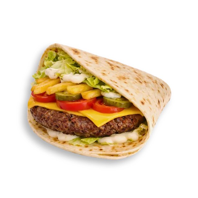 Super Arabic Beef Burger: 10-inch tortilla bread, 1 signature beef patty (4.5 oz), cheese slice, premium potato fries, iceberg, pickled cucumbers, tomatoes, garlic sauce, ketchup