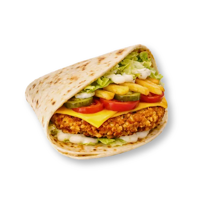Super Arabic Chicken Burger: 10-inch tortilla bread, 1 signature chicken patty or crispy chicken fillet (4.5 oz), cheese slice, premium potato fries, iceberg, pickled cucumbers, tomatoes, garlic sauce, ketchup