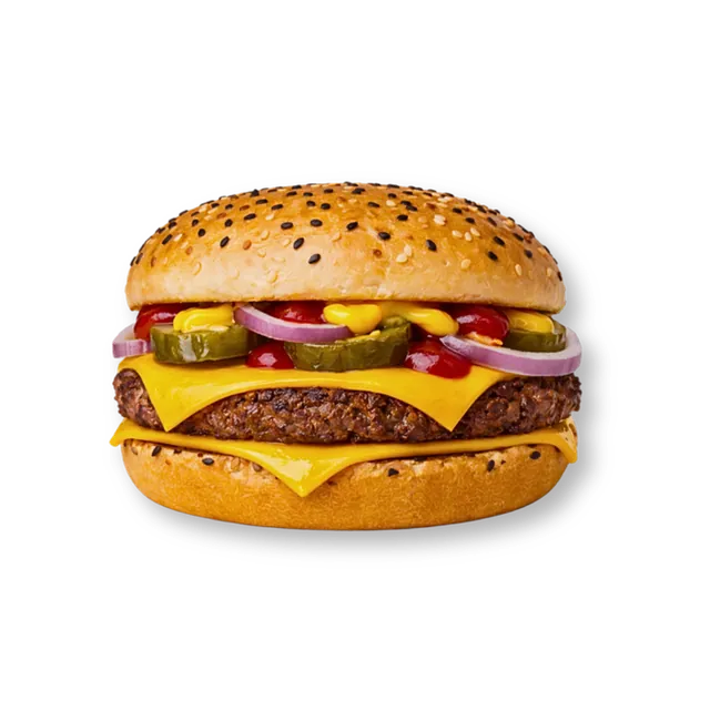 Twin-Cheeser Beef: 4.5-inch soft bun, 1 signature beef patty (~4.5 oz), 2 cheese slices, pickled cucumbers, onions, mustard sauce, ketchup