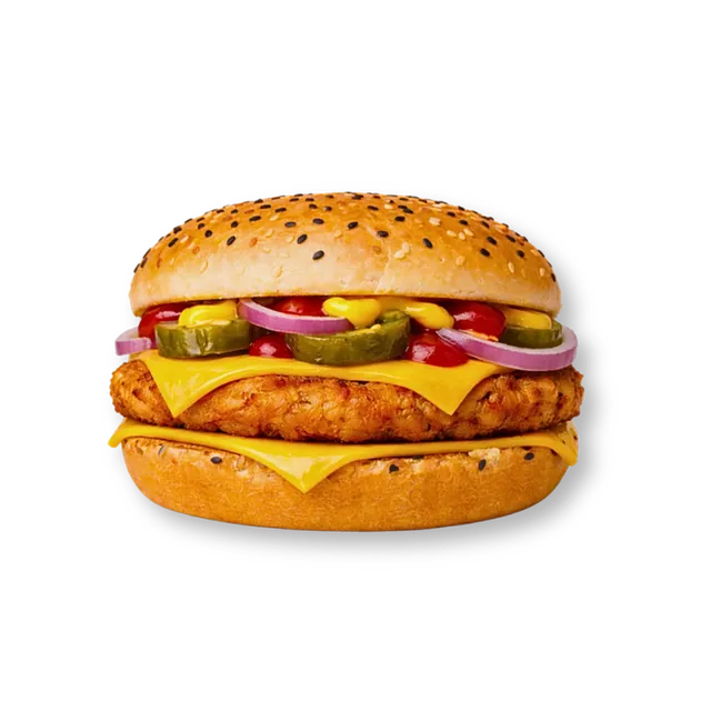 Twin-Cheeser Chicken: 4.5-inch soft bun, 1 signature chicken patty (~4.5 oz), 2 cheese slices, pickled cucumbers, onions, mustard sauce, ketchup
