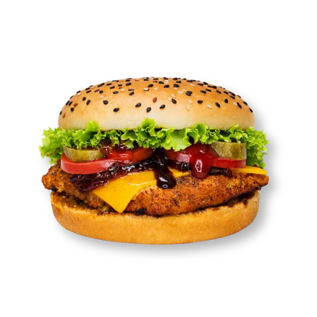 Vintage Charred: 4.5-inch soft bun, cheese slice, lettuce, caramelized onions, pickled cucumbers, tomatoes, BBQ sauce, ketchup, orange sauce