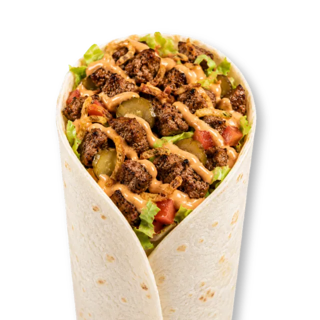 Zesty Beef Wrap: 10-inch tortilla bread, signature beef patty (~4.5 oz), lettuce, pickled cucumbers, crispy onions, tomatoes, orange sauce