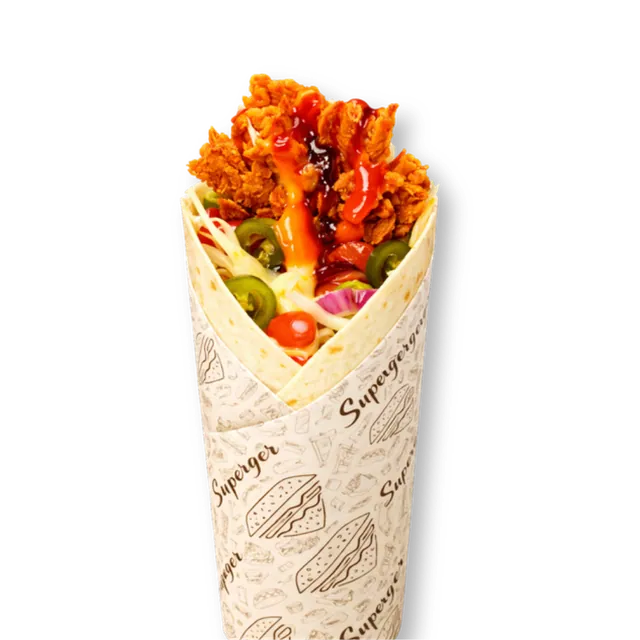 Zippy Spicy Wrap: 10-inch tortilla bread, 3 crispy chicken tender strips (~4.5 oz), cabbage, onions, jalapenos, orange sauce, red sauce