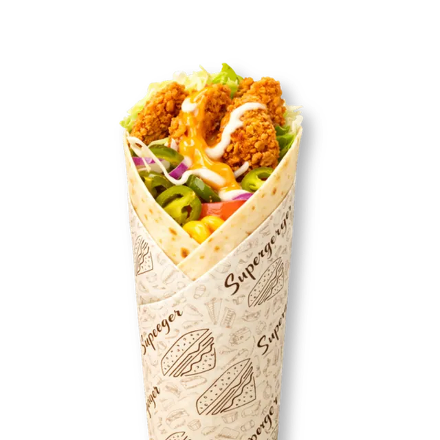 Zippy Wrap: 10-inch tortilla bread, 3 crispy chicken tender strips (~4.5 oz), cabbage, onions, jalapenos, orange sauce, mayonnaise
